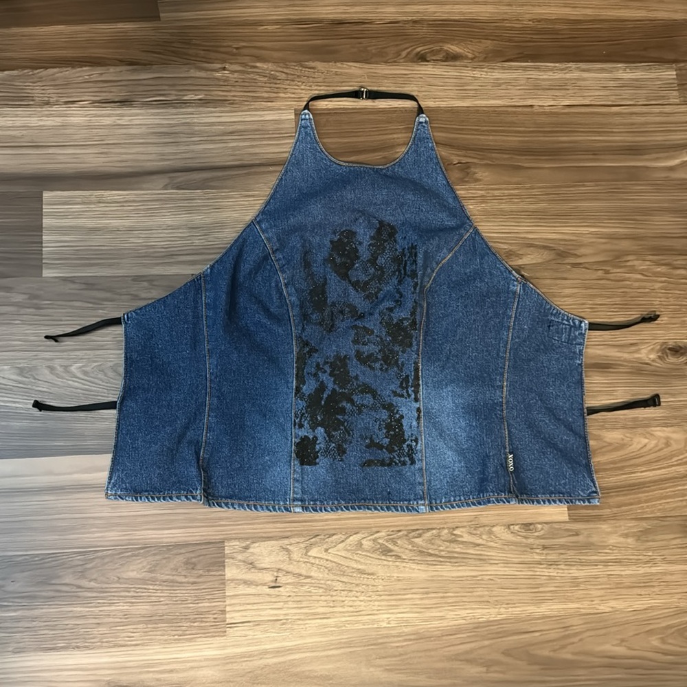 XOXO Denim Halter Glitter Black Design Open Back Strap Funky Top L NWT - Picture 4 of 15